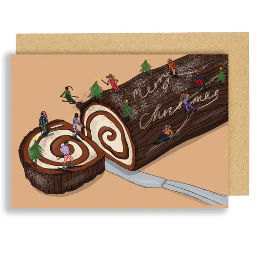 Skiing on the Christmas Yule Log Card