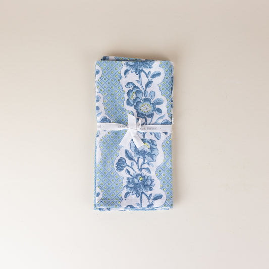 Indigo Blooming Trellis Block Printed Napkin, Set of 2